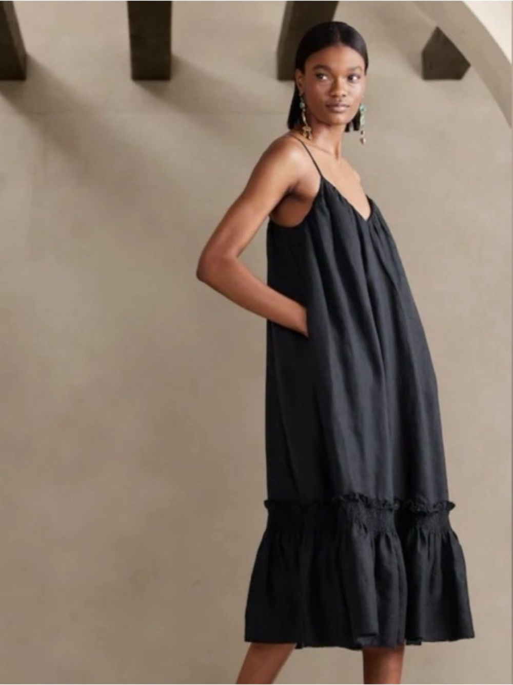 Banana Republic Black 100% Linen Ruffle Hem Midi Dress XXL
